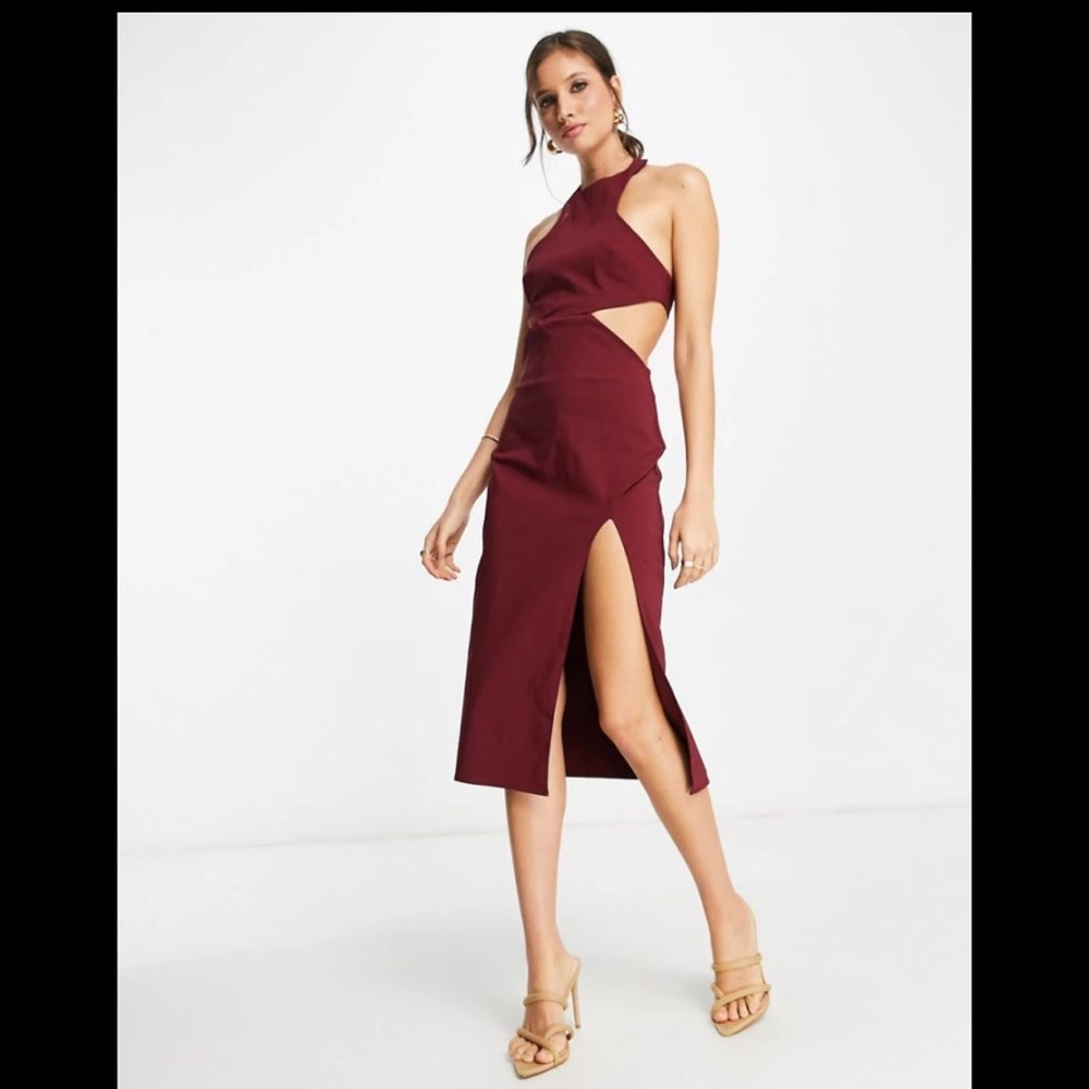 NWT ASOS DESIGN RACER NECK STRUCTURED MIDI DRESS IN WINE-US 12/UK 16